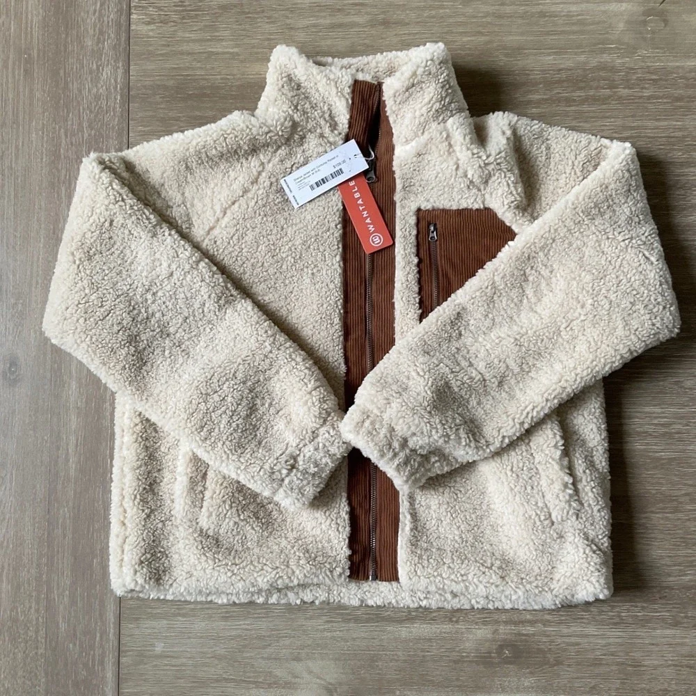 Herizon Sherpa‎ Jacket Corduroy Pocket Cream Brown Size Medium New With Tags